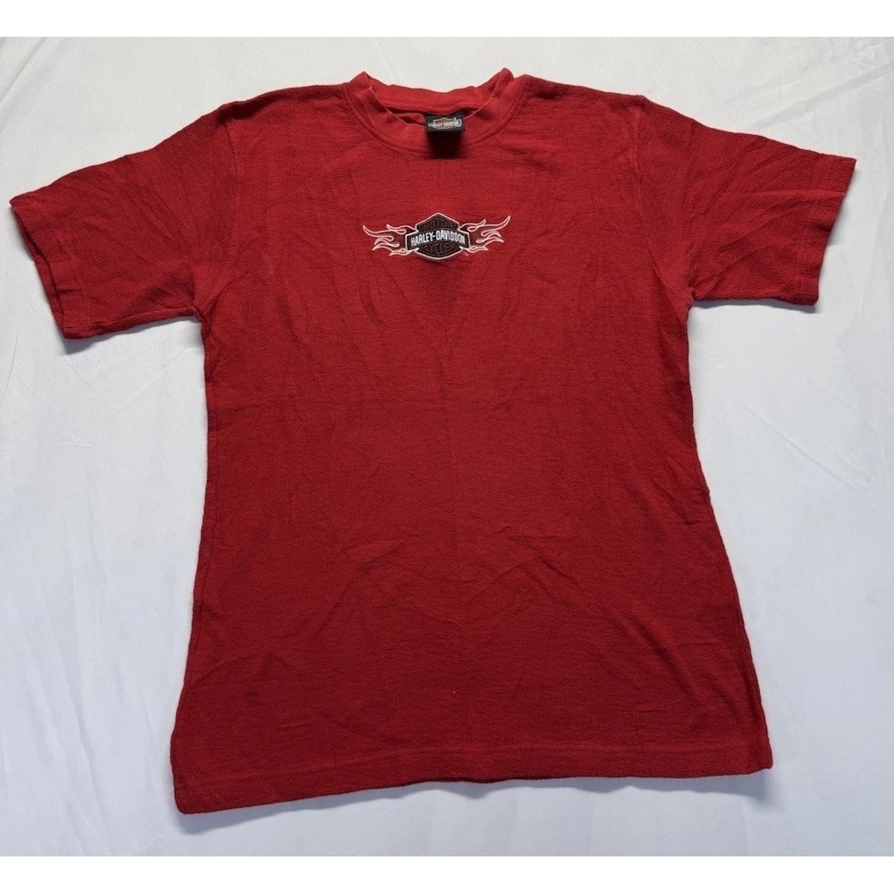 Harley Davidson Red Waffle knit Shirt Mens M‎ flames embroidered logo tee USA